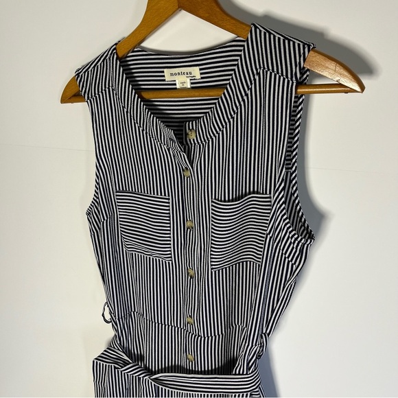 Monteau Los Angeles Dress Med Mid Length Navy Blue White Stripes Nautical - Picture 2 of 8